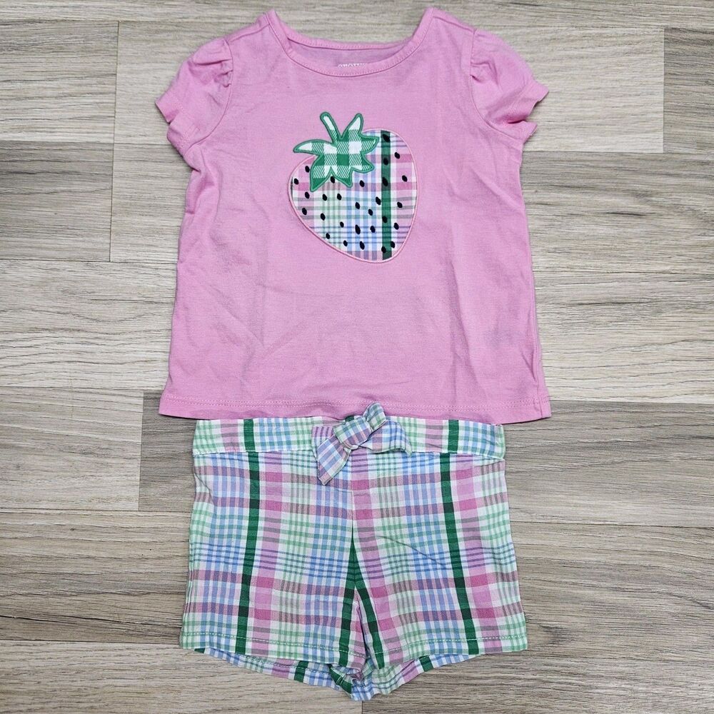 Crown & Ivy Baby Girl Pink Plaid Strawberry Outfit Size 6 Months
